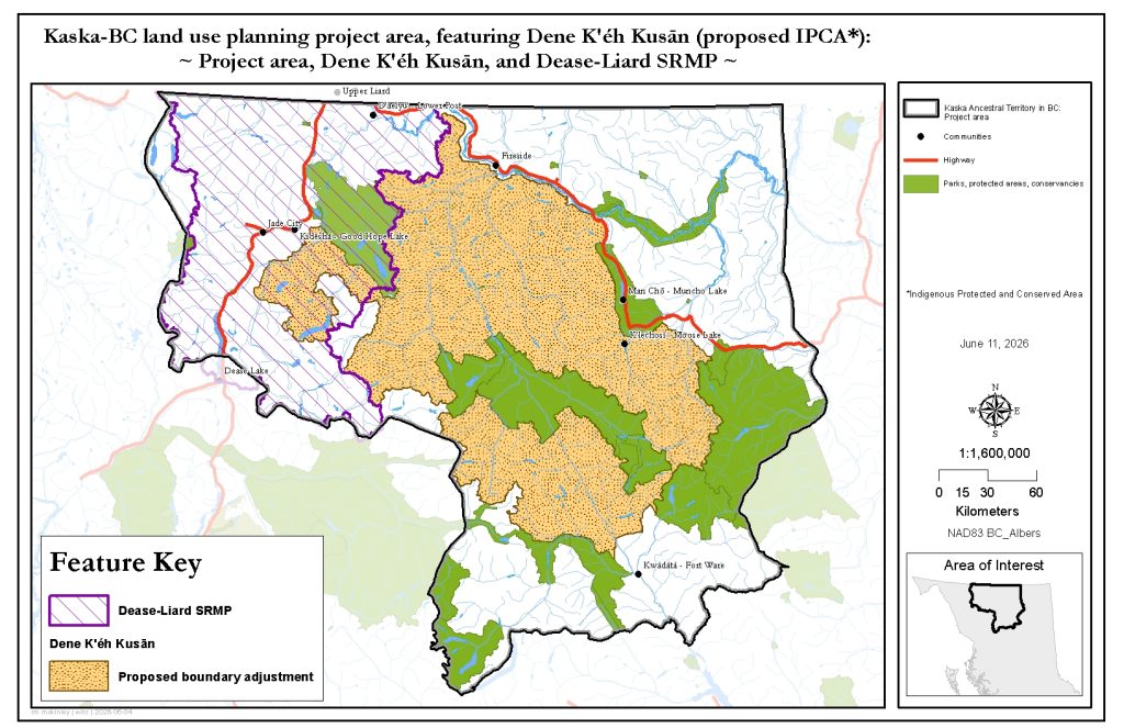 Map showing Kaska-B.C. land use planning project area highlighting proposed boundary adjustments and land use planning zones. Proposed boundary adjustments for Dene K’éh Kusān are outlined in orange and Dease-Liard SRMP area hatched in purple. Key features include highways in red, communities marked by black dots and parks or protected areas in green. 