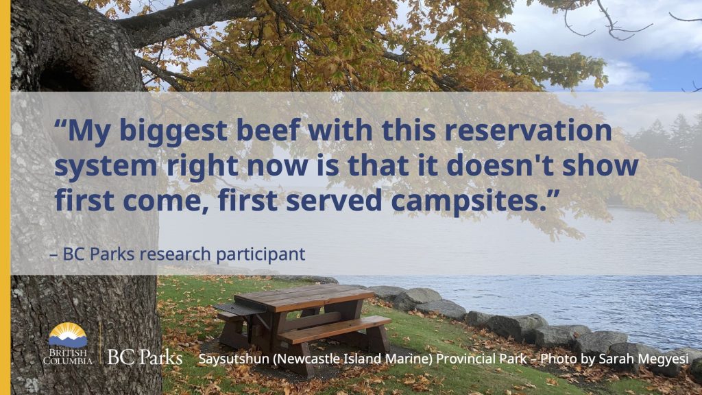 A picnic table under a tree by the water on Newcastle Island with the text "My biggest beef with the reservation system right now is that id doesn't show first come, first served campsites." BC Parks research participant