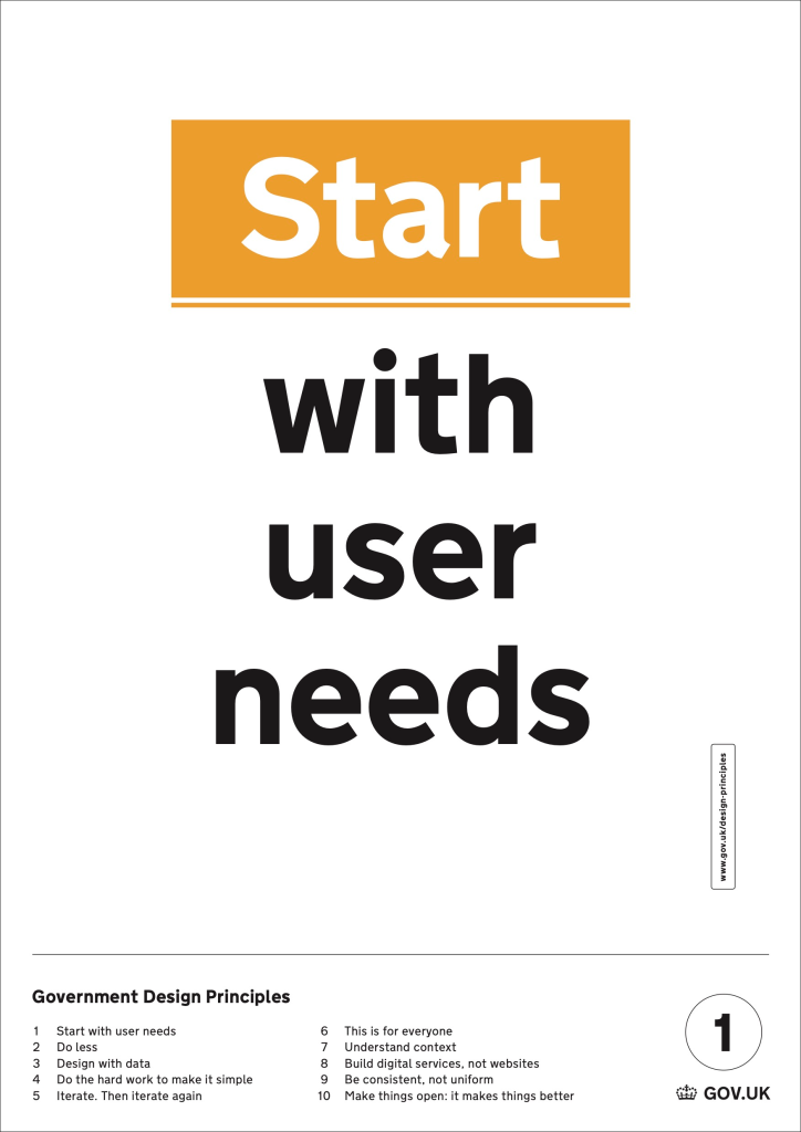 A poster from the UK government with the words Start with user needs