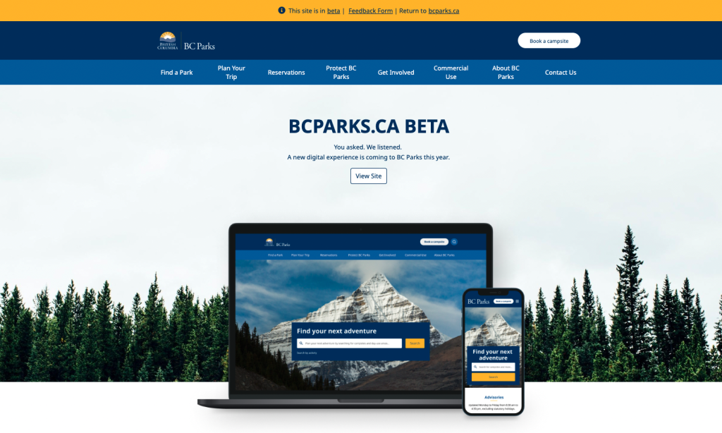 Screen shot of the home page of the BC Parks beta website