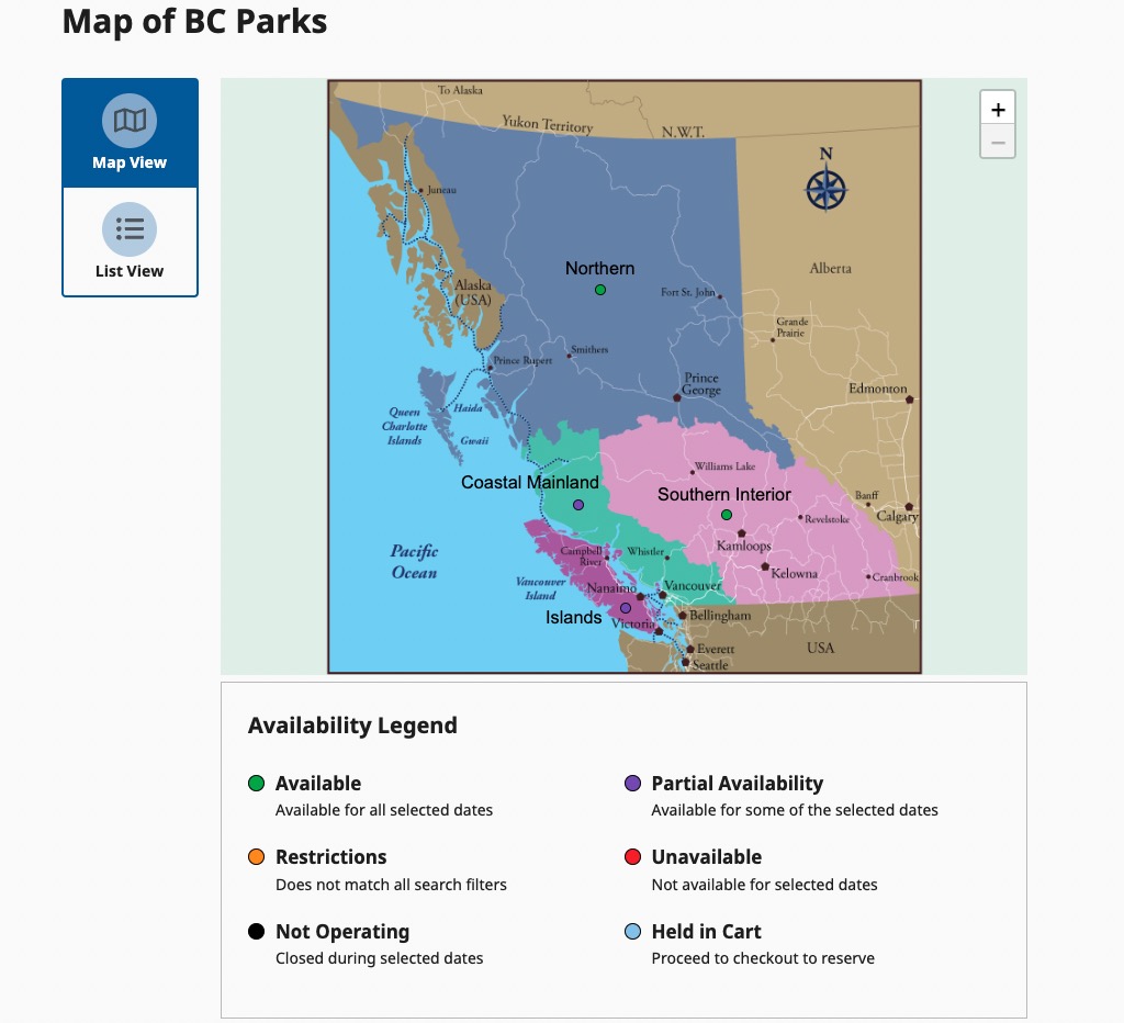 screen grab of the map of bc parks on the bc parks camping reservation website