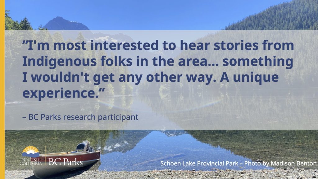A small boat pulled up on the shore of Schoen Lake with the text "I'm most interested to hear stories from Indigenous folks in the area... something I wouldn't get any other way. A unique experience." BC Parks research participant