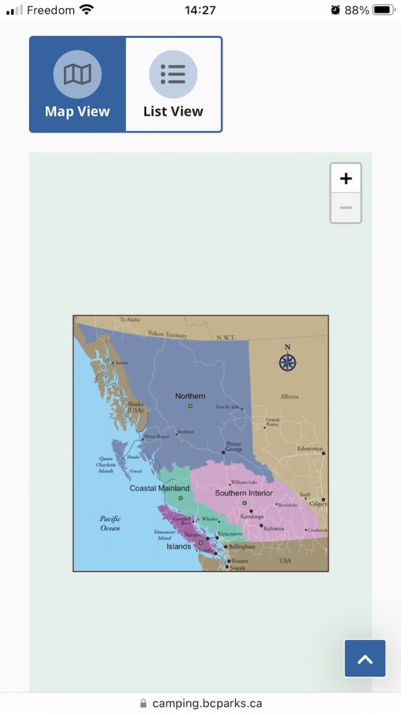 screen grab showing how the bc parks camping reservation map appears on mobile