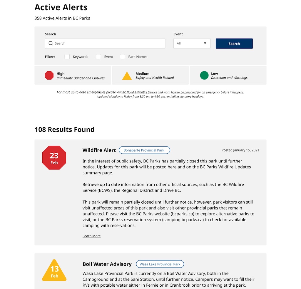 screen grab of the bcparks.ca beta alerts and advisories page