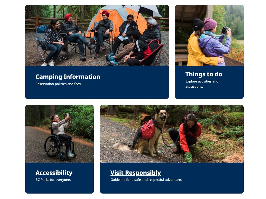 screen grab of part of the bcParks.ca beta homepage, highlighting links to camping information, things to do, accessibility, and visit responsibly