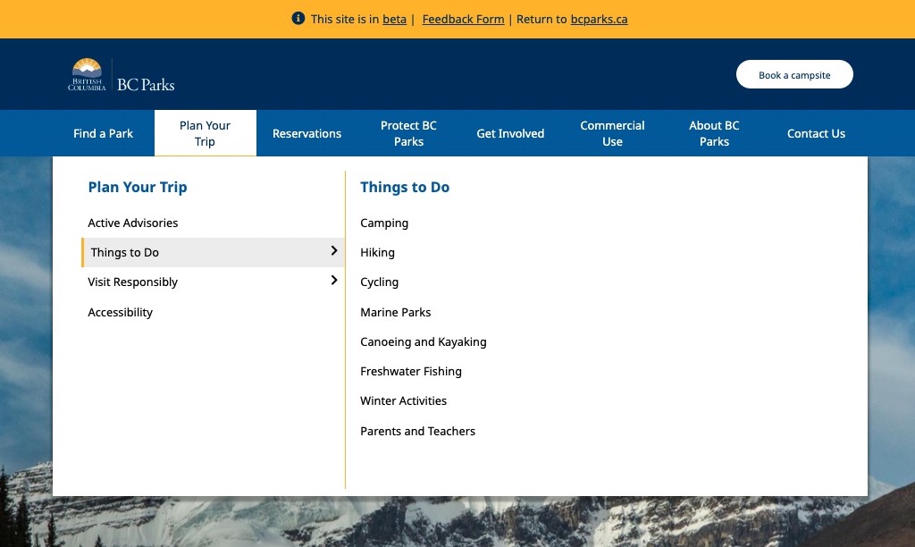 screen grab from bcparks.ca beta website showing the plan your trip section of the main site navigation