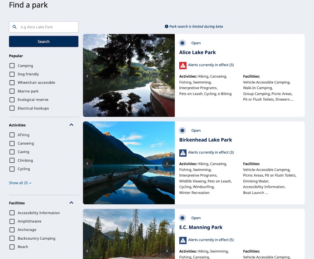 screen grab from bcparks.ca beta showing the park search results page