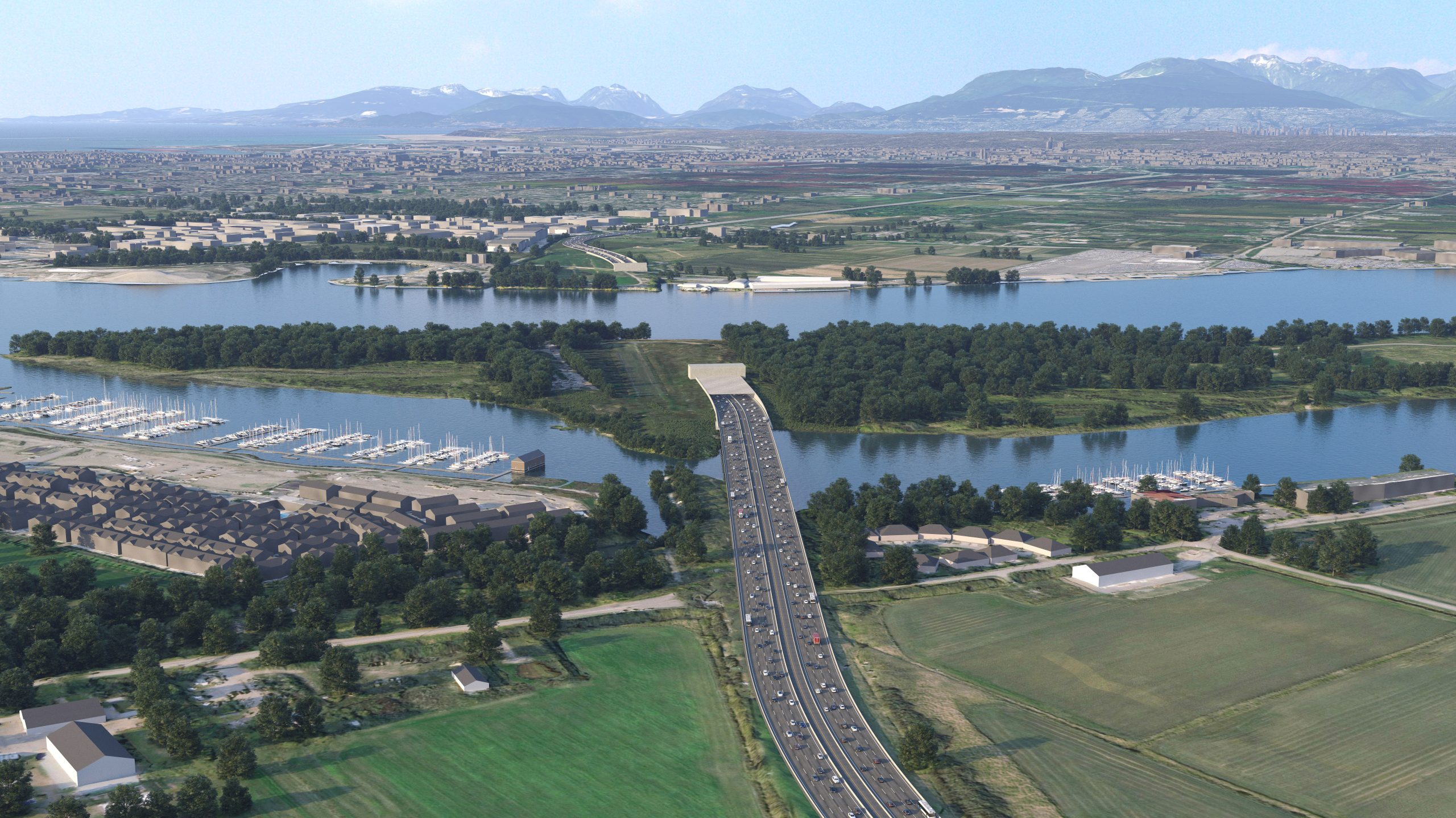 Conceptual aerial rendering of the new eight-lane immersed tube tunnel. Viewpoint from Delta, facing north with the mountains in the background. Rendering shows the new Deas Slough Bridge which transitions to the new tunnel, travels underneath the Fraser River and then connects to the existing Highway 99 in Richmond. Vehicles are shown on the south tunnel approach.

