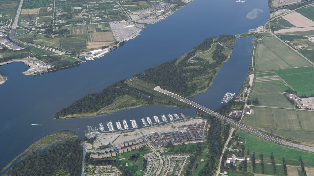 Conceptual aerial rendering of the new eight-lane immersed tube tunnel. Rendering shows the north and south approaches on Highway 99, the new Deas Slough Bridge which transitions to the new tunnel in the Fraser River and then connects to the existing Highway 99 in Richmond. Vehicles are shown on the south tunnel approach.

