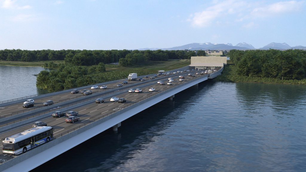 Conceptual rendering of the Deas Slough Bridge connecting to the new eight-lane immersed tube tunnel. There are three vehicle lanes and a dedicated transit lane in each direction, with an active transportation corridor in the middle for cyclists and pedestrians. Traffic is flowing in both directions.