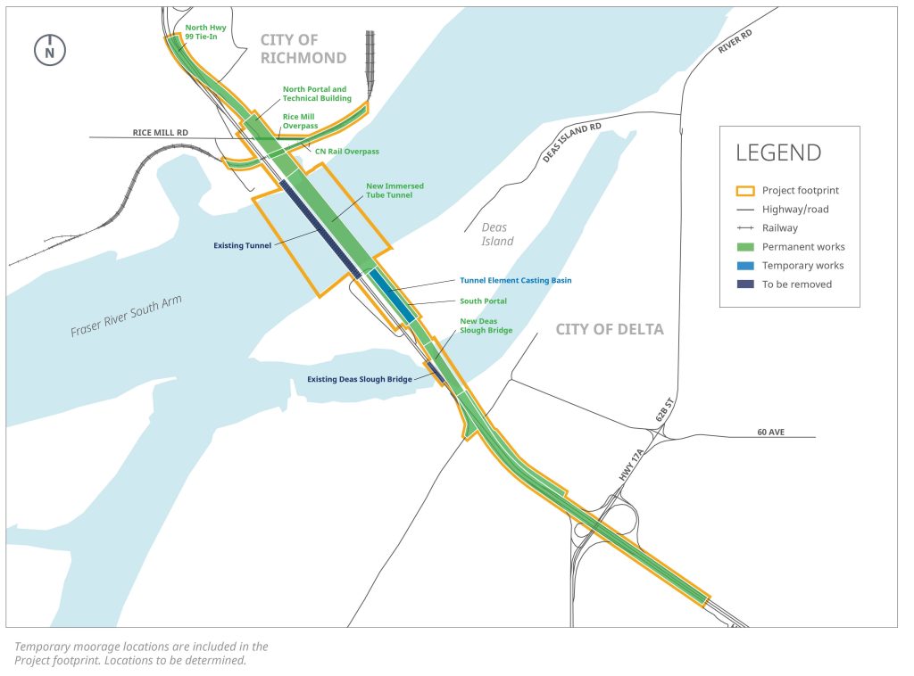 Map of the Project site including Deas Island, the City of Richmond and the City of Delta. 
•	Permanent works are identified on the map and include the north tunnel approach, the north and south portals leading to the tunnel, a tunnel operation building, the new immersed tube tunnel in the Fraser River and the new Deas Slough Bridge. 
•	Temporary works include the tunnel element casting basin and temporary moorage locations which are not shown on the map as locations are to be determined.
•	Components to be removed are highlighted, and include the existing George Massey Tunnel, existing portals, and the existing Deas Slough Bridge.
