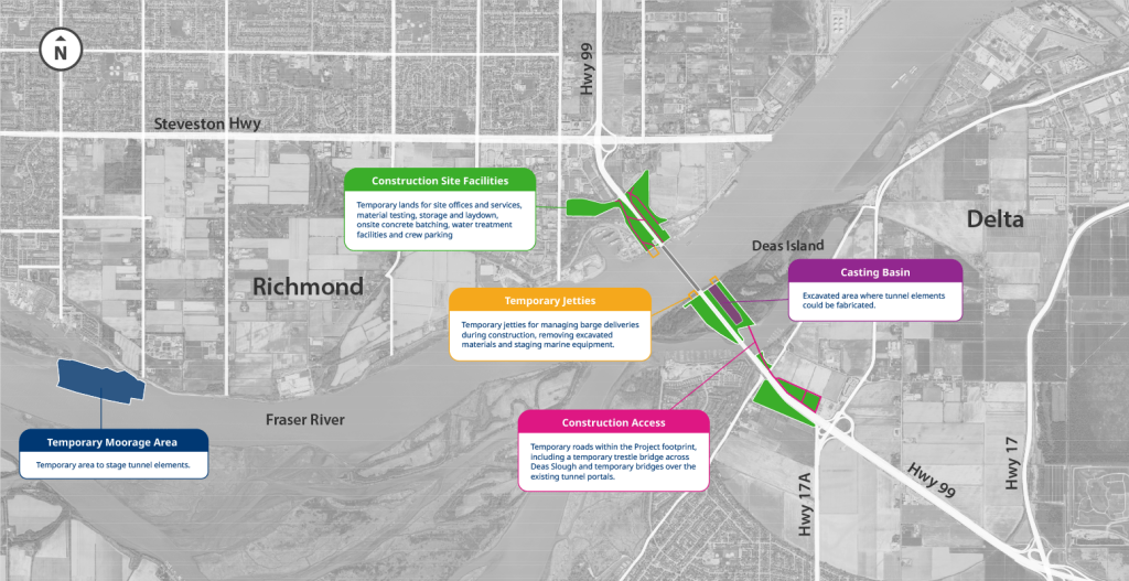 A labeled aerial map showing the temporary project components as part of the Fraser River Tunnel Project. The map features colour-coded labels for construction site facilities, construction access roads, temporary jetties, casting basin and the temporary moorage area. 